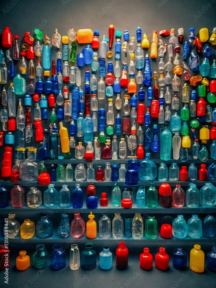 Fototapeta premium Arrangement of plastic items like bottles and caps.
