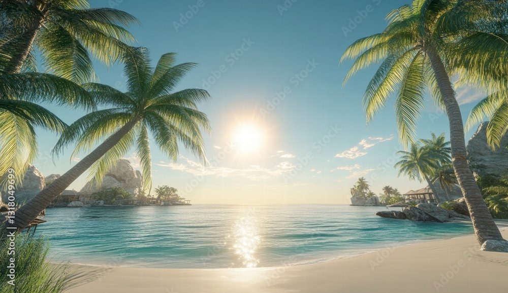 Fototapeta premium Tranquil Sunset Beach Scene with Palm Trees and Turquoise Water