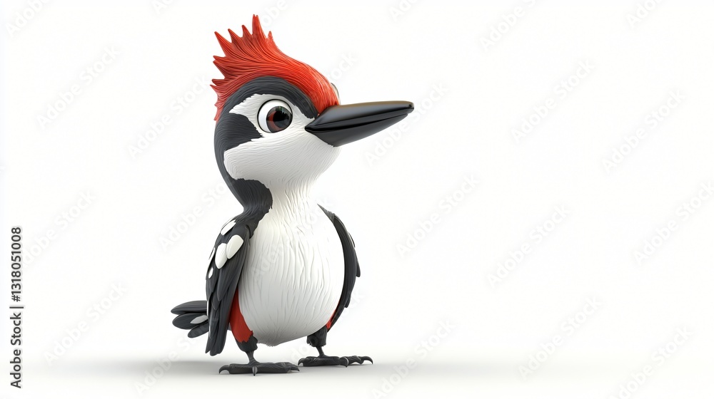Fototapeta premium Adorable Cartoon Woodpecker Bird Character 3D Render White Background Cute Wildlife Illustration