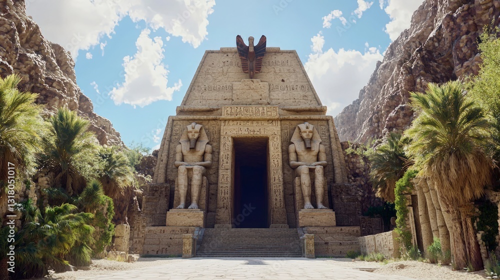 Obraz premium Ancient Egyptian Temple Gateway Desert Oasis Hieroglyphs Pharaoh Statues Stone Archi