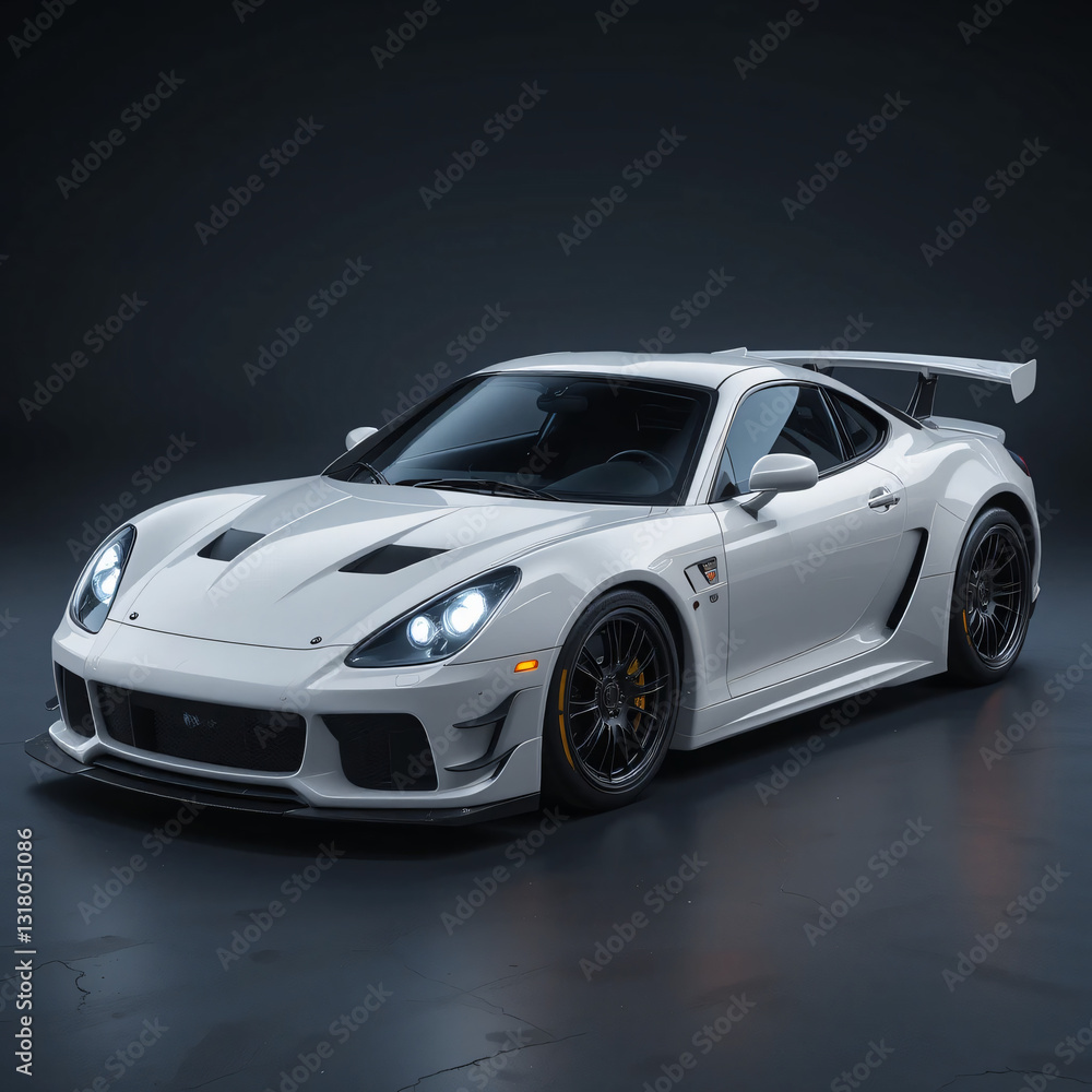 Sleek White Sports Car with Racing Spoiler on Dark Background Sleek White Sports Car with Racing Spoiler on Dark Background