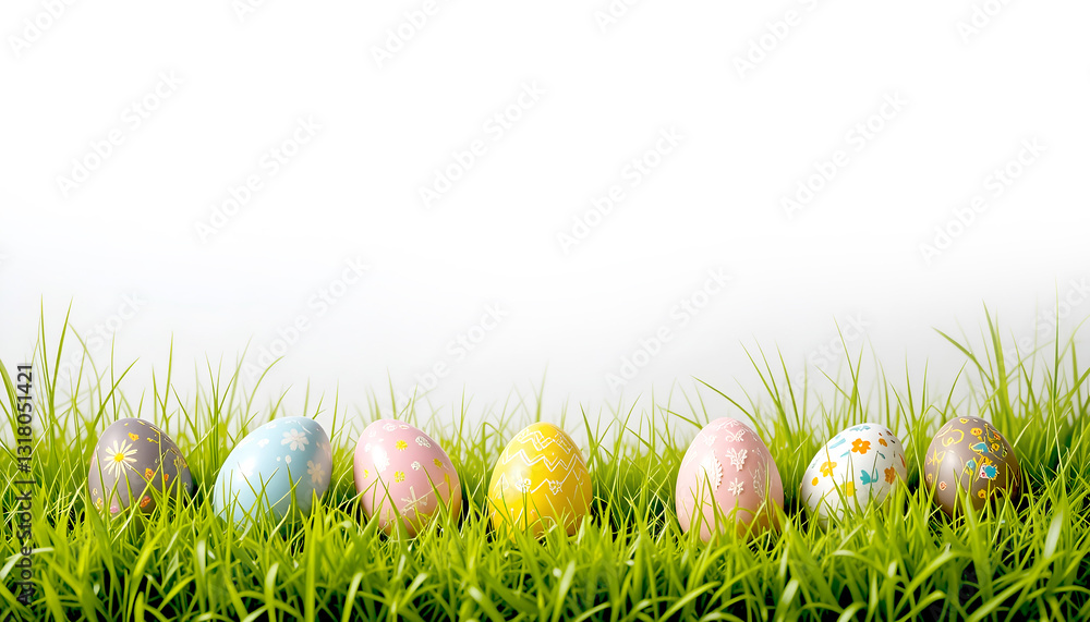 Fototapeta premium Eggs Easter day on the soft grass and white background with copy space