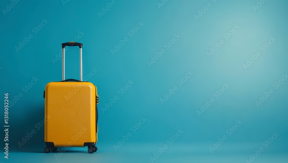 Fototapeta premium Yellow Suitcase on Blue Background Minimalist Travel Concept