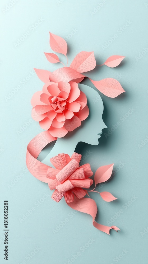 creative paper art design featuring silhouette of woman profile adorned with pink flowers and leaves, showcasing elegance and beauty creative paper art design featuring silhouette of woman profile adorned with pink flowers and leaves, showcasing elegance and beauty