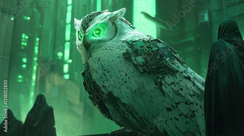 Cybernetic owl, futuristic city, cloaked figures, fantasy art