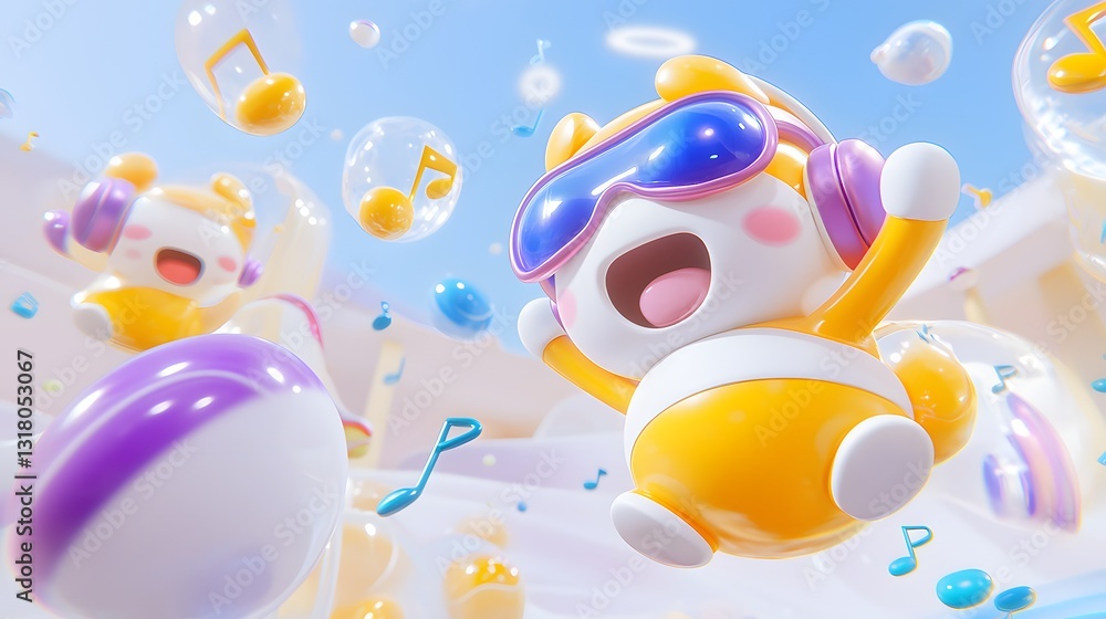 Fototapeta premium Cheerful Animated Characters Dancing and Celebrating with Music in a Colorful Bubble-filled Environment