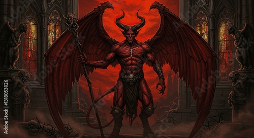 Standing Devil with Wings and Staff in Dark Gothic Setting Art