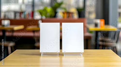 Wallpaper Mural Two Blank White Menu Cards In Acrylic Stands On A Wooden Table In A Modern Cafe Restaurant Setting With A Blurred Interior Background Torontodigital.ca