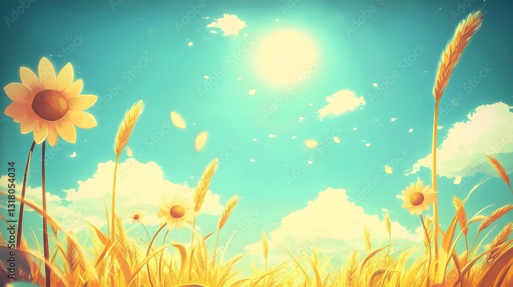 Bright Summer Landscape with Sunflowers and Wheat Under a Clear Sky Filled with Fluffy Clouds Bright Summer Landscape with Sunflowers and Wheat Under a Clear Sky Filled with Fluffy Clouds