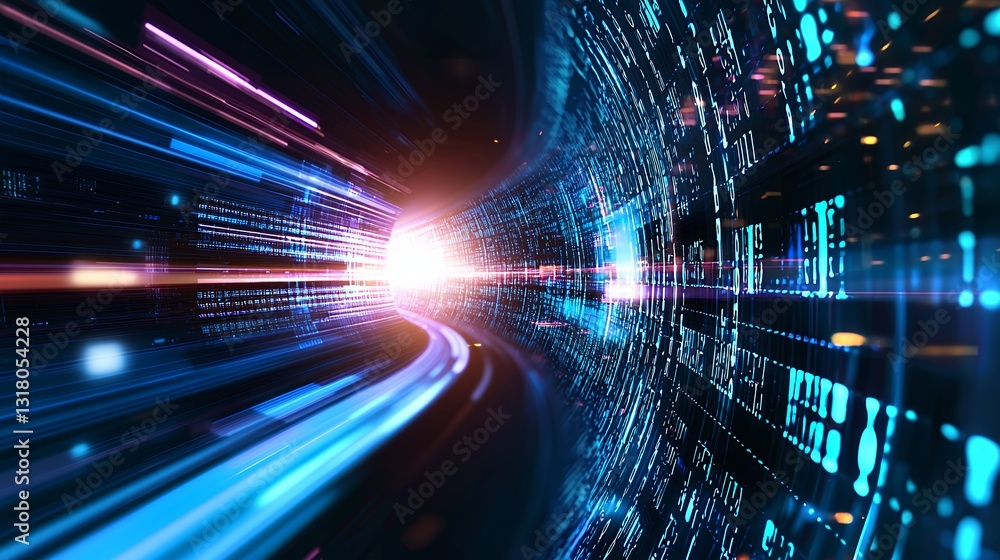 Obraz premium Abstract Digital Tunnel with Blue Data Stream and Speeding Light Effect