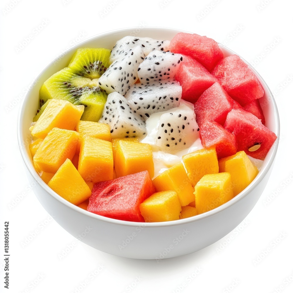 a colorful fruit salad in a white bowl. a colorful fruit salad in a white bowl.