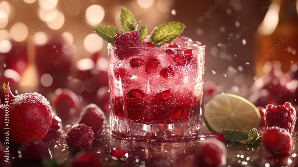 Sparkling Pomegranate Raspberry Cocktail, Bar Setting Sparkling Pomegranate Raspberry Cocktail, Bar Setting
