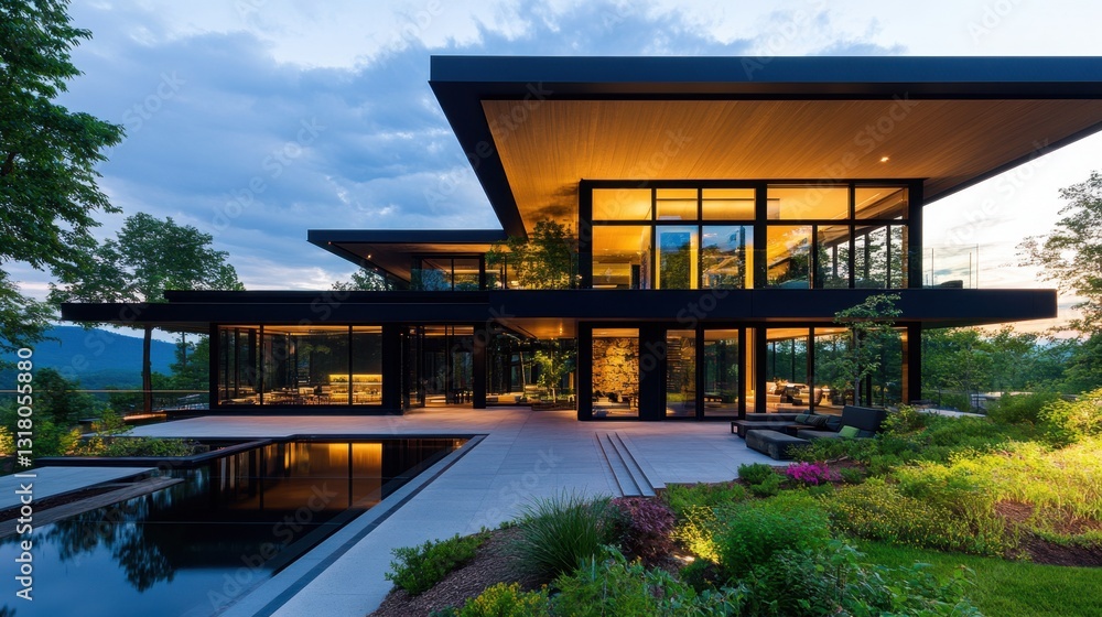 A modern house with large glass windows and a flat roof, surrounded by greenery and illuminated at dusk. A modern house with large glass windows and a flat roof, surrounded by greenery and illuminated at dusk.