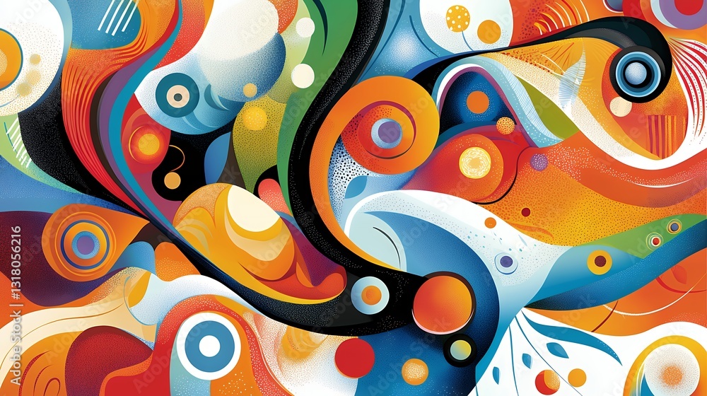 Vibrant Abstract Painting with Swirling Shapes in Bold Colors and Dynamic Composition Vibrant Abstract Painting with Swirling Shapes in Bold Colors and Dynamic Composition
