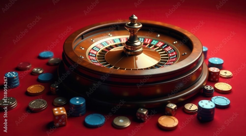 An Elegant Roulette Wheel and Colorful Game Tokens Resting on a Crimson Felt Surface An Elegant Roulette Wheel and Colorful Game Tokens Resting on a Crimson Felt Surface