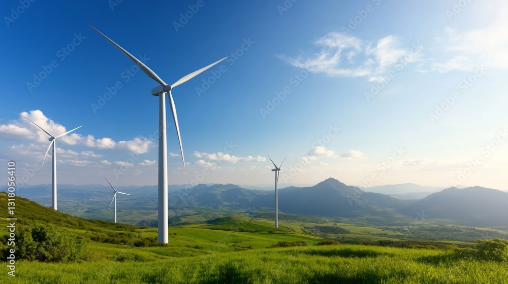 Wind Turbines on Green Hills under Blue Sky for Renewable Energy Production Wind Turbines on Green Hills under Blue Sky for Renewable Energy Production
