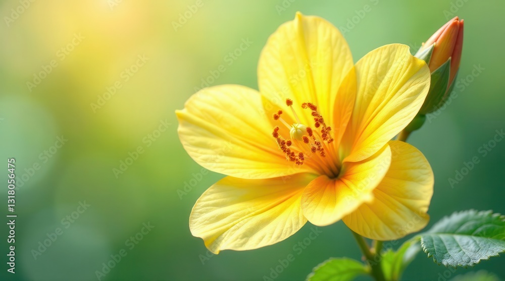A Vibrant Yellow Flower in Bloom, Sunlight Illuminating its Petals, a Bud Nearby, Soft Green Background A Vibrant Yellow Flower in Bloom, Sunlight Illuminating its Petals, a Bud Nearby, Soft Green Background