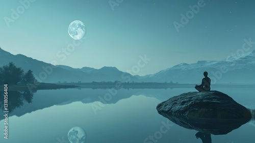 A serene lake reflecting the moon, with a figure meditating on a rock nearby.