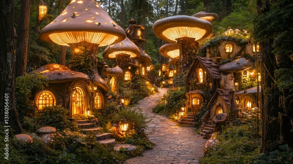 Fototapeta premium Enchanted Village with Glowing Mushrooms and Charming Houses