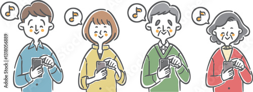 スマホを操作してご機嫌な二世代家族　上半身　ベクター