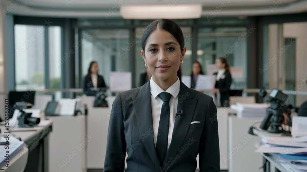 Professional South Asian Woman in Formal Black Suit Standing Confidently in Modern Corporate Office Setting with Multiple Colleagues in the Background Professional South Asian Woman in Formal Black Suit Standing Confidently in Modern Corporate Office Setting with Multiple Colleagues in the Background