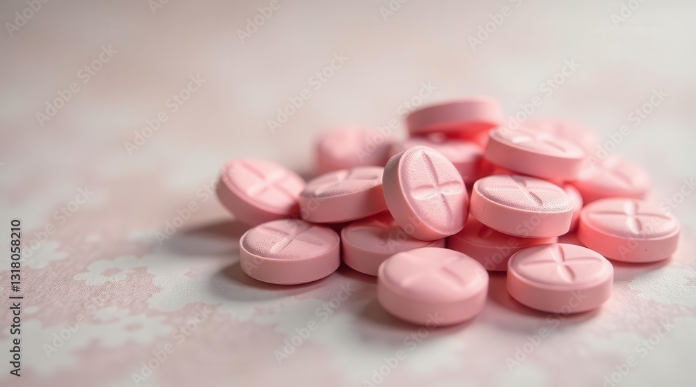 A Close-Up View of a Pile of Pink Tablets on a Soft Pink Surface A Close-Up View of a Pile of Pink Tablets on a Soft Pink Surface
