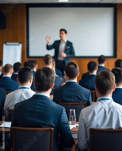 Corporate training session showing a male presenter explaining concepts to a business audience seated in rows during an educational business conference

