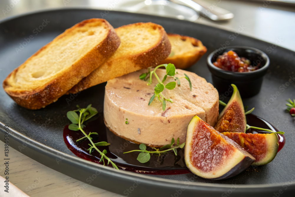 Delicate Foie Gras Terrine Plated on Sleek Black Plate with Toast and Fresh Figs Delicate Foie Gras Terrine Plated on Sleek Black Plate with Toast and Fresh Figs