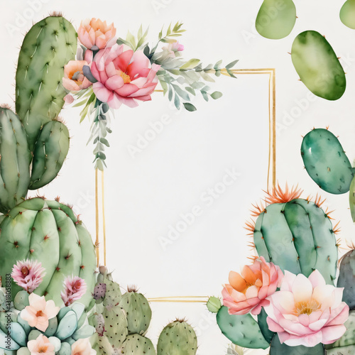Watercolor cactus wedding card with blank space for text.
