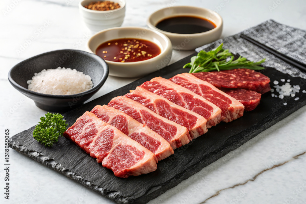 Luxurious Korean Hanwoo Beef BBQ Platter with Fresh Ingredients and Dipping Sauces Luxurious Korean Hanwoo Beef BBQ Platter with Fresh Ingredients and Dipping Sauces