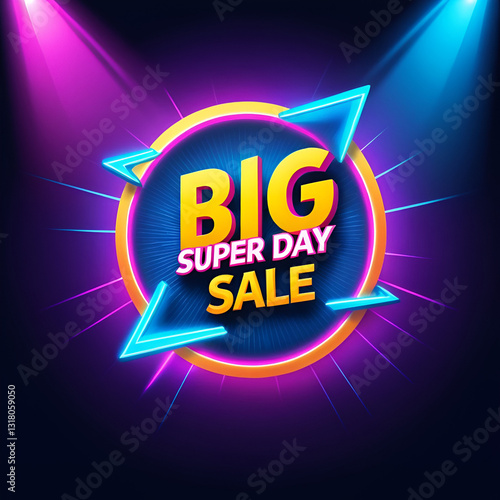 7.7 super day sale poster or banner template design. Big sale event on the stage of the spotlight LED and neon lightning. Ads for web, social media, shopping online.