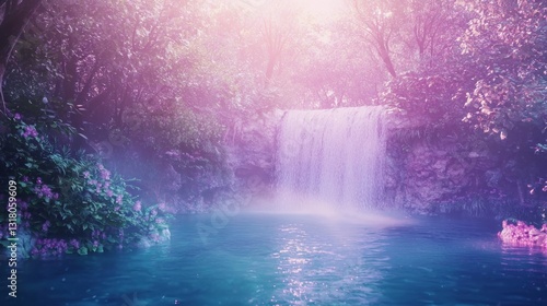Surreal Hidden Oasis with Waterfall in Ethereal Forest Setting