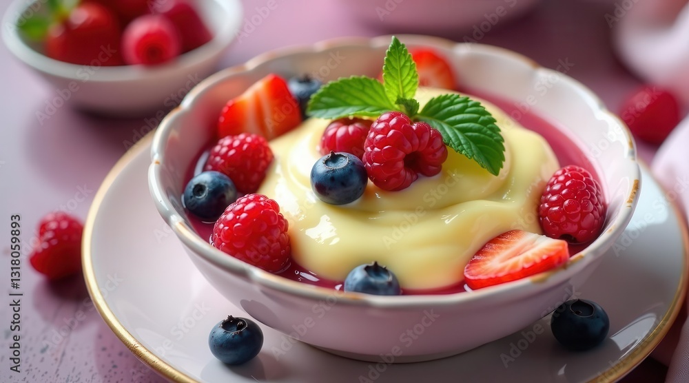 Creamy Vanilla Pudding Delight with Summer Berries and a Hint of Mint Creamy Vanilla Pudding Delight with Summer Berries and a Hint of Mint