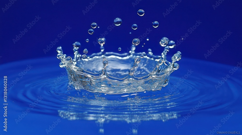 Water droplet crown splash, blue background, ripple effect, purity concept, stock photo Water droplet crown splash, blue background, ripple effect, purity concept, stock photo