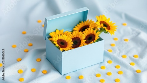 an open pastel blue box on a soft blue cloth, with vibrant yellow sunflowers and scattered yellow buttons around it.
