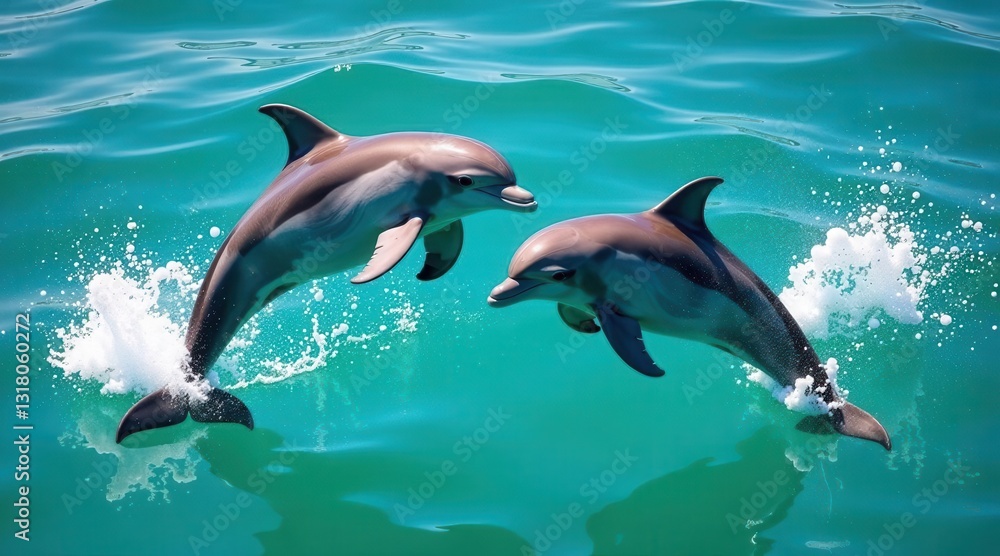 Naklejka premium Playful Dolphins Leaping and Swimming in Crystal-Clear Ocean Water, Creating a Spectacular Underwater Scene of Grace and Energy