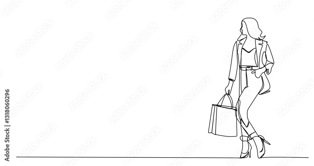 continuous single line drawing of woman with shopping bag line art vector illustration continuous single line drawing of woman with shopping bag line art vector illustration