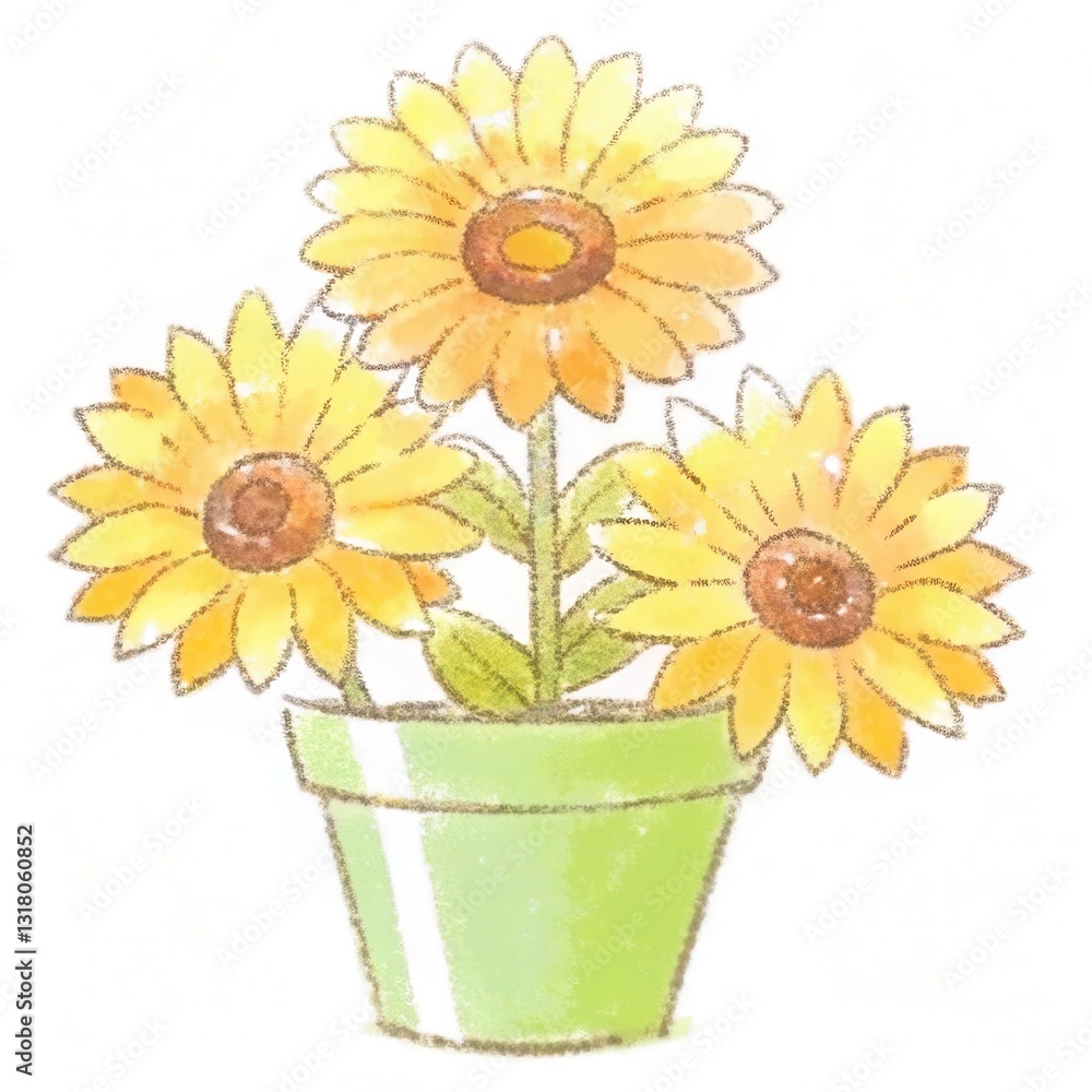 Obraz premium A sunflower plant in a green pot. The sunflowers are bright yellow with a rich, brown center, and the green pot complements the overall color scheme. 
