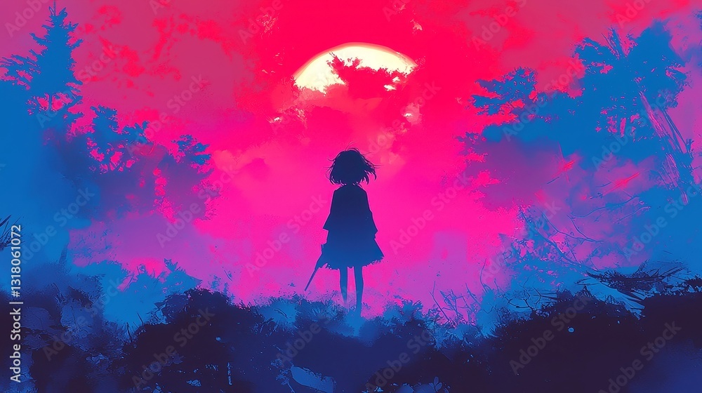 Fototapeta premium Art Nouveau Anime Aesthetic, a young woman strolls through a misty forest at dawn, featuring bold outlines, solid colors, and a cool, mysterious palette with geometric design.