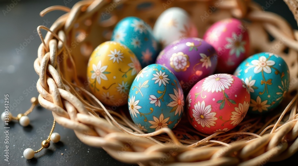 Fototapeta premium A Delicate Arrangement of Ornate Easter Eggs Nestled in a Woven Basket