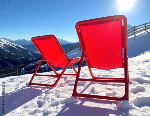 Wallpaper Mural two red lounge chairs on a snowy mountain slope with a clear blue sky and bright sunlight. Torontodigital.ca