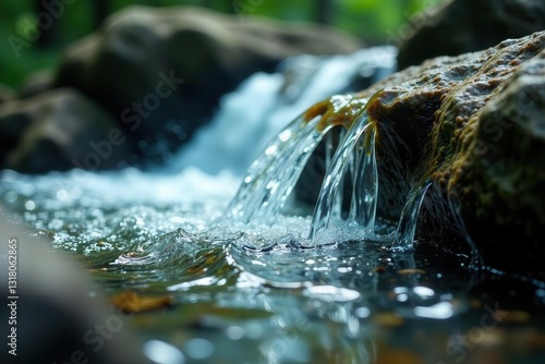 Close-up view of pristine water cascading over smooth rocks in a tranquil forest setting
