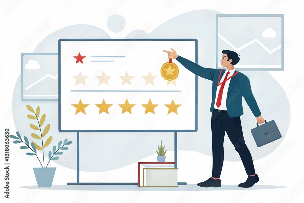 Fototapeta premium Businessman presenting a high-quality service guarantee by showcasing a medal and five-star rating.