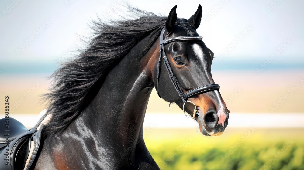 Obraz premium Majestic Black Horse Portrait Elegant Trot Flowing Mane High Resolution Image