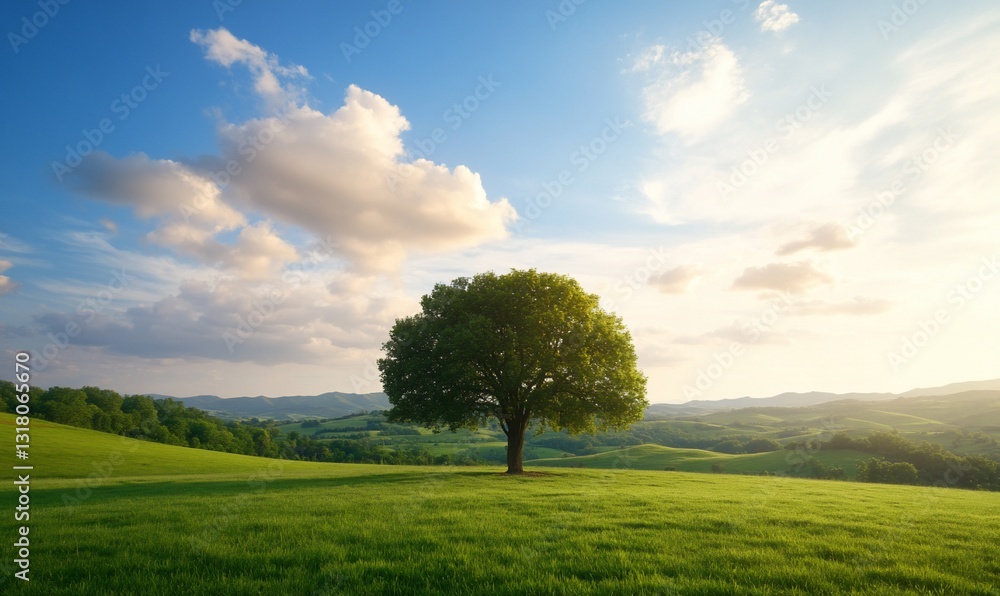 Fototapeta premium Scenic tree landscape in summer day, on green field, with clouds and hills
