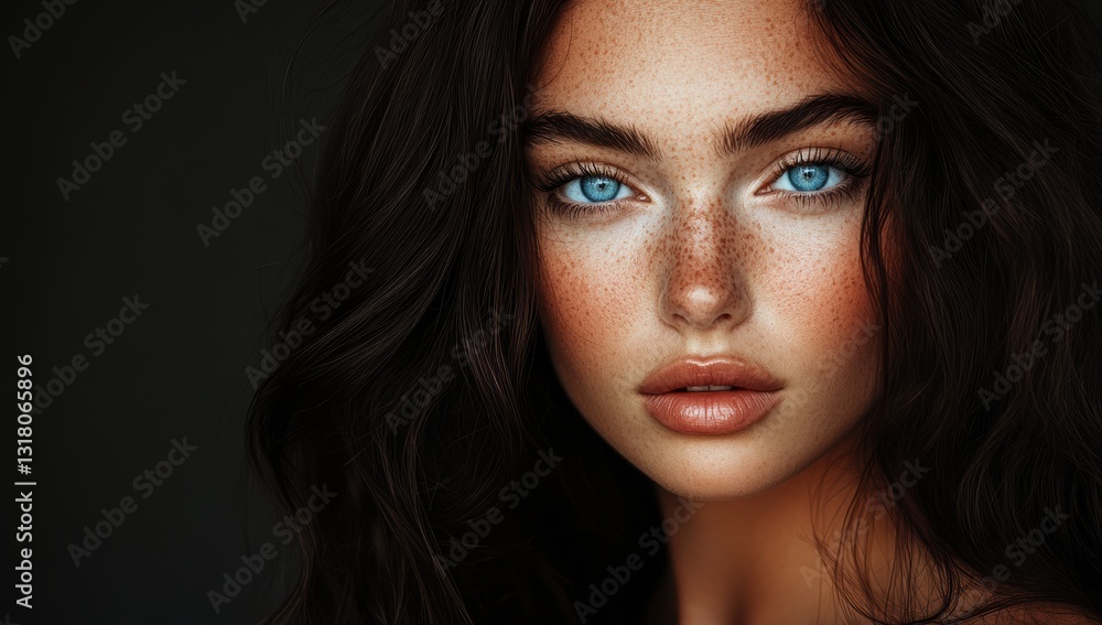 Close-up portrait of a woman with long dark wavy hair blue eyes and natural freckles showcasing beauty and striking features for fashion and beauty photography Close-up portrait of a woman with long dark wavy hair blue eyes and natural freckles showcasing beauty and striking features for fashion and beauty photography