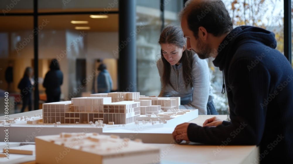 Fototapeta premium Architects preparing a final presentation with scale models and blueprints for stakeholders.