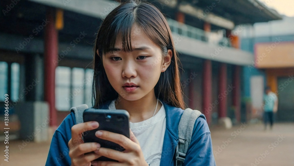 © claudunia - Asian girl losing a game with a phone, copyspace included.