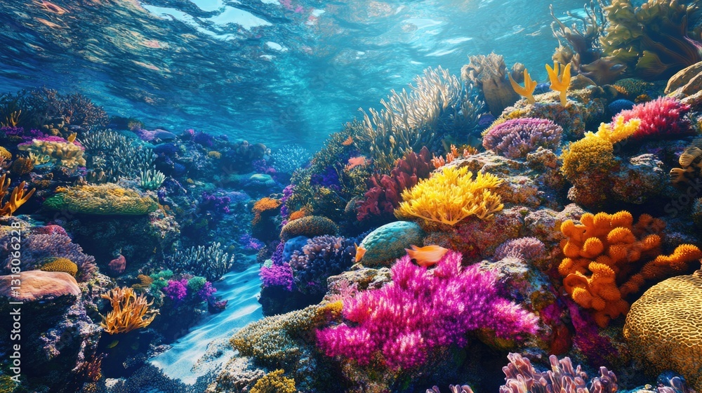 Naklejka premium A vibrant underwater scene showing colorful coral formations and fishes