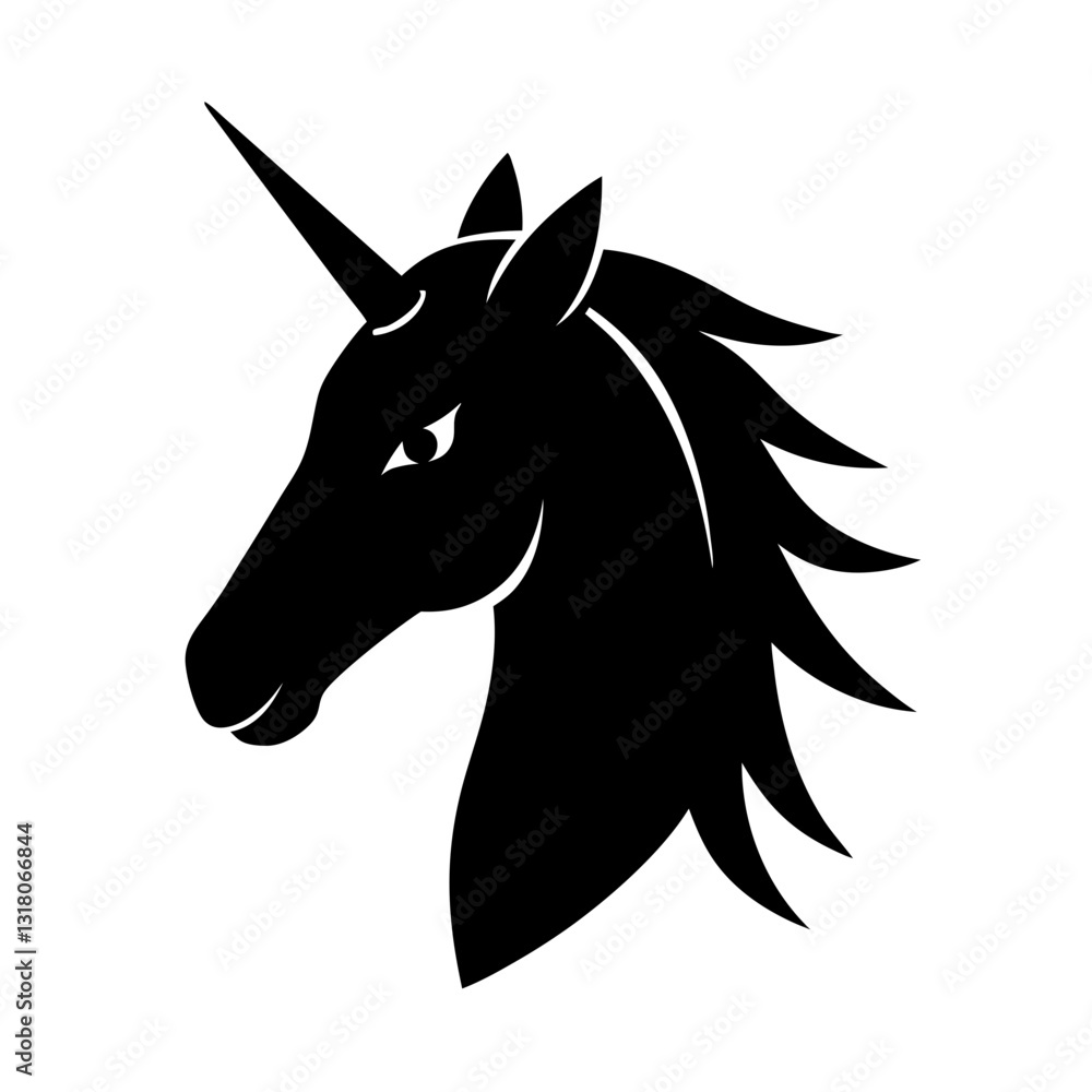 Fototapeta premium Horse unicorn head. Black silhouette. Design element. Vector illustration isolated on white background
